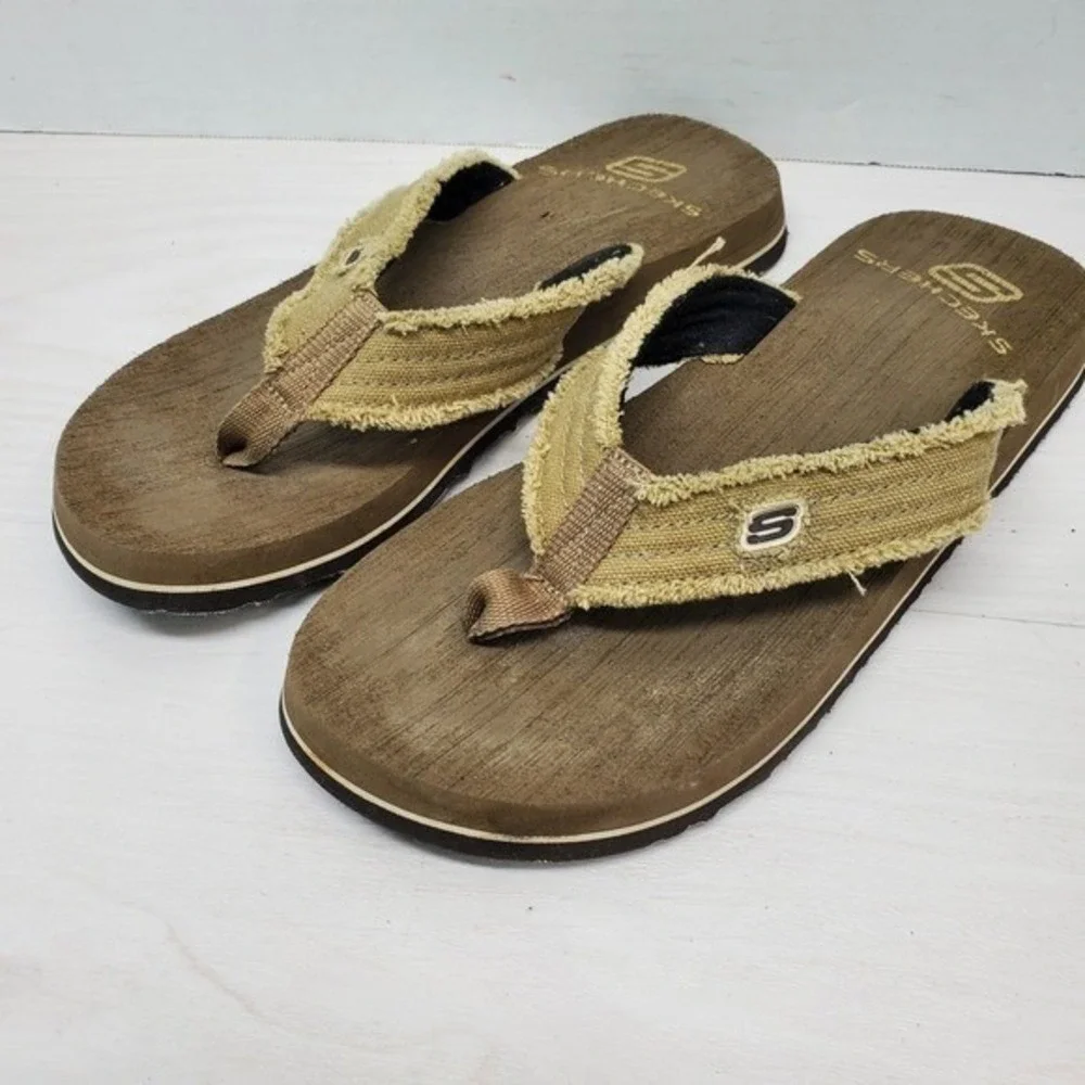 Skechers Men's Flip Flops Thong‎ Sandals Brown Tan Canvas Strap Comfort Size 7